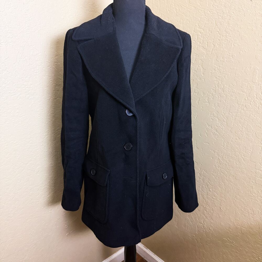 Larry Levine Black 100% Merino Wool Button Front Coat Jacket Women Size 6